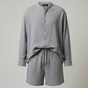 Conjunto de 2 Piezas para Hombre, Ligero, Bordado, de Algodón y Poliéster Arrugado, con Botones, Camisa y Pantalones Cortos, para Playa, Vacaciones y Viajes - Product Image 3