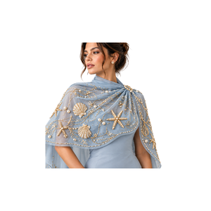Capes modestes bleu clair pour femmes avec broderies de perles lourdes, col montant, col rond, tenue traditionnelle musulmane pour femmes, robe de soirée - Product Image 1