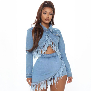 Ensemble crop top en jean pour femme, détails franges, bleu délavé, 2 pièces, tenue décontractée d'été - Product Image 3