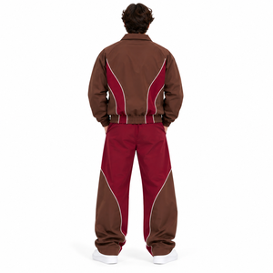 <b>Men</b>’s Brown Burgundy Color Block Zip Up Track Jacket Wide Leg Pants Retro Streetwear <b>Set</b> - Product Image 4