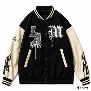 SINEWY SPORTS Blouson universitaire noir respirant pour homme, broderie avant motif palmier LA, style streetwear, coupe classique, automne - Product Image 1