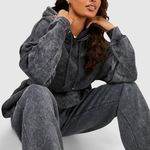 Sudadera con capucha de streetwear para mujer, personalizada, con lavado ácido, color gris carbón oscuro desgastado, hombros caídos, corte holgado, con ojales metálicos y cordón, venta al por mayor OEM - Product Image 6