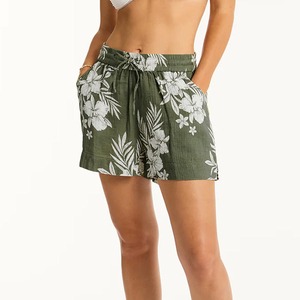 Short de plage sexy pour femme, taille mi-haute à cordon de serrage, coupe droite, couleur unie, tricoté ajouré, style club - Product Image 1
