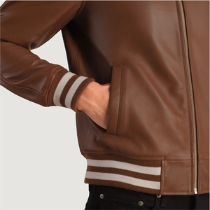 Blouson aviateur en cuir marron pour homme, manches longues, coupe-vent, style automne, design et look différents, veste respirante pour homme, en cuir. - Product Image 5