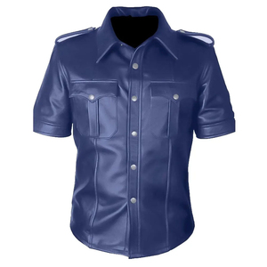 Chemise à manches courtes en cuir PU pour homme, col rabattu, couleur unie, veste décontractée d'hiver avec poches, coupe ajustée, logo sur le devant - Product Image 6
