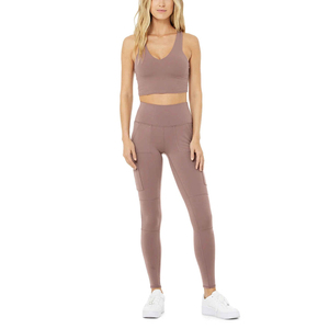 Women's Seamless Yoga Set 3-Piece High Waist <b>Leggings</b> <b>Pockets</b> Crew Neck Crop Top Full Length Solid Color Breathable Eco-Friendly - Product Image 1