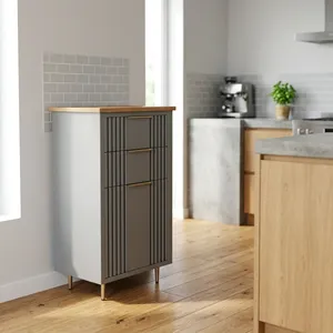 Scandinavian Gray Storage Bathroom <b>Cabinet</b> with Wood Top and Brass Handles 3 Drawers Space Saving Design - Product Image 5