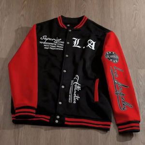 Men's <b>Black</b> Red Varsity <b>Jacket</b> Embroidered LA Lettering Casual Autumn Coat Turn-down Collar Regular Fit - Product Image 1