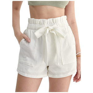 Shorts en lin pur taille haute avec taille élastique et volants, coupe ample, décontractés, pour l'été, pour femmes - Product Image 1