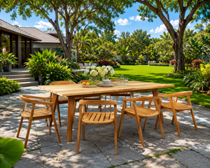 Ensemble de salle à manger d'extérieur en teck massif de luxe, table et chaises modernes pour jardin, patio, hôtel, resort, villa - Product Image 1