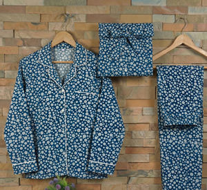 ชุดนอนผ้าฝ้ายอินดิโก้แท้ ทอแบบกันหนาว พิมพ์ลายด้วยมือ ปักด้วยเครื่องจักร สำหรับผู้หญิง ผลิตในอินเดีย - Product Image 2