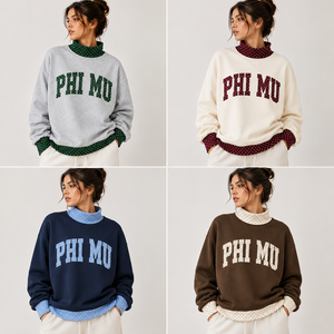 Sudadera de cuello redondo para mujer Phi Mu, marrón con ribete de lunares, cuello simulado frontal acogedor, de algodón tejido, estilo oversize, para invierno/otoño - Product Image 6
