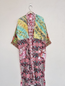 Women Vintage Patchwork Kimono Robe Long Sleeve V Neck Sleepwear <b>Dress</b> - Product Image 1