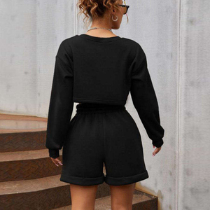 Ensemble deux pièces en molleton brodé uni lavable pour femme, style streetwear d'hiver, vente en gros - Product Image 4