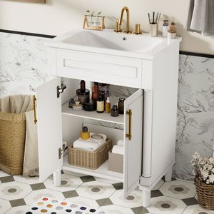 Mobile Bagno da 24 Pollici con Lavabo Singolo Integrato in Ceramica, Armadietto Bagno a 2 Ante, Mobiletto di Medie Dimensioni - Product Image 4