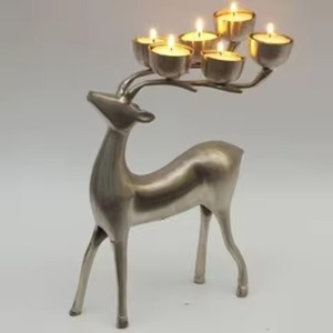 Silver Deer and Tree <b>Tea</b> <b>Light</b> Holder <b>Christmas</b> Home Decoration Metal Candle Stand with Wooden Base - Product Image 2