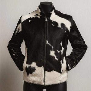 Veste en cuir de vache pour homme, patchwork noir et blanc, col montant, fermeture éclair, manteau chaud d'hiver - Product Image 2