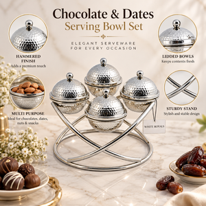 Ensemble de bols de service en acier inoxydable martelé de luxe pour dattes au chocolat avec couvercles et support tressé, décoration de table pour Ramadan et Aïd, cadeau de mariage - Product Image 5