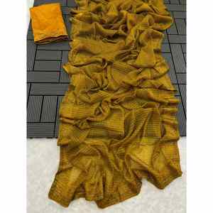 FANCY CHIFFON SIROSKI TRAVAIL SAREE AVEC BLOUSE NON COUSTÉE MOUTARDE - Product Image 1