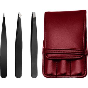 Set Professionale di 3 Pinzette di Precisione per Sopracciglia Nere con Custodia in Pelle Bordeaux - Product Image 1
