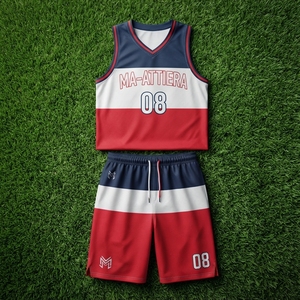 Ensemble de maillot et short de basket-ball personnalisé, couleurs bleu marine, blanc et rouge, respirant, en mesh, uniforme sportif - Product Image 5