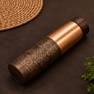 Bouteille en cuivre bronze à double finition de qualité supérieure avec bouchon en bois, thermos de voyage portable au design oriental - Product Image 3