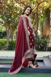 Indian Women Party Wear Maroon Silk Embroidered Sharara Set With Dupatta For Women Traditional Wedding Wear India Pakistan Style - Product Image 2