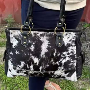 Women's Genuine Leather Cowhide <b>Handbag</b> Animal Print Flap Closure Tote Bag Classic Style Daily Use Two Handles - Product Image 3