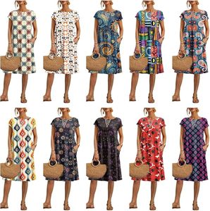 Vestidos de algodón estilo bohemio con estampado floral, manga corta, cintura imperio, cuello redondo, vestido midi informal de verano para vacaciones con bolsillos. - Product Image 4
