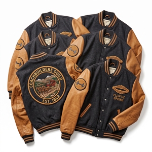Chaqueta Bomber Varsity de Lana con Mangas de Cuero y Bordado de Laberinto, Parche de Laberinto, Abrigo Verde - Proveedor de Ropa - Product Image 5