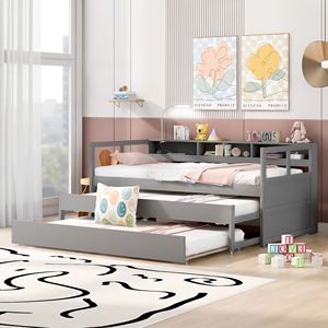 Cama Infantil Gris con Diseño Moderno, Tamaño Twin XL, de Madera, con 2 Camas Nido, 3 Espacios de Almacenamiento, 1 Luz y Carga USB Gratuita - Product Image 4