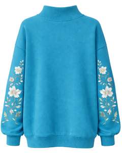 Sudadera Oversize de Forro Polar Azul Cielo para Mujer con Cuello Alto y Bordado Floral, Suéter Casual de Invierno de Algodón y Poliéster Cálido - Product Image 2