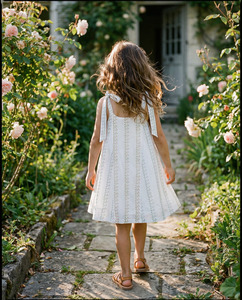Vestido de Verano Premium para Niñas, Blanco, de Algodón, con Rayas Florales, Tirantes, Sin Mangas, Cómodo, para Compradores de Ropa Infantil - Product Image 2