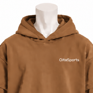 Sweat-shirt à capuche double couche marron camel, coupe oversize, manches courtes superposées à manches longues, style vintage décontracté streetwear - Product Image 3