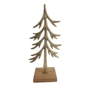 Aluminum And Wood Christmas Decorative Stylish X-mas Tree With Square Wooden Base Rough Brass EPL Finishing For Home Decor