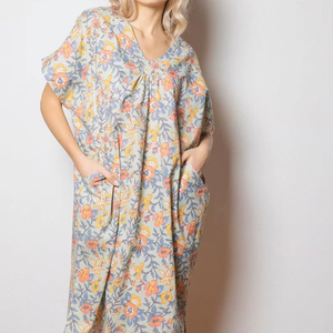 Vestido Kaftán Ligero de Algodón con Estampado Floral, Hecho a Mano, Ropa de Playa de Verano, Moda Femenina - Product Image 1