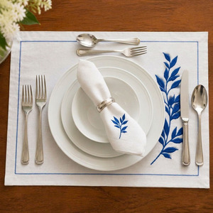 Custom Classic Washable Reuse Embroidery Blue Leave <b>Placemats</b> Napkins Sets 100% Cotton Line Border Mats Home Wedding Events - Product Image 1