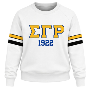 White Women Crew Neck Sweatshirt Greek Letter 1922 Graphic <b>Long</b> Sleeve Pullover <b>Top</b> with Gold <b>Black</b> Sleeve Stripes Casual - Product Image 1