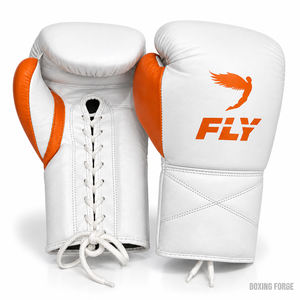 Gants de boxe en cuir blanc Fly pas chers avec accents orange et fermeture à lacets pour adultes, entraînement et sparring - Product Image 1
