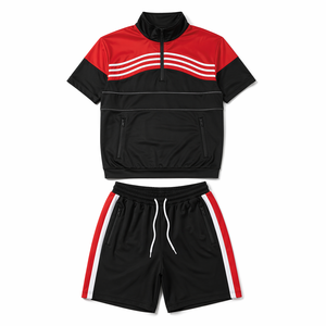 Conjunto Deportivo de Verano para Hombre, a Rayas, de Alta Calidad, Personalizable, de Secado Rápido, Transpirable, con Top de Manga Corta y Media Cremallera, y Pantalones Cortos para Gimnasio - Product Image 2