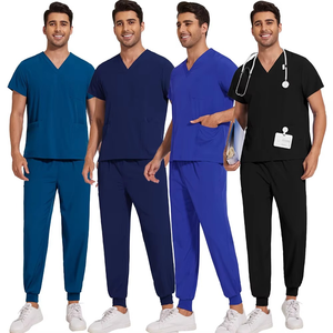 Men's <b>Scrub</b> <b>Sets</b> V-Neck Short Sleeve Uniforms Hospital Wear Blue Black Polyester Knitted Pants <b>Set</b> - Product Image 1