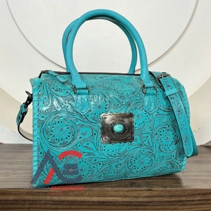 Bolso Grande de Cuero Genuino Grabado a Mano para Mujer, Modelo Speedy 2026, de Piel de Vacuno con Piedra Turquesa, Tipo Bandolera/Duffle, ¡Venta Caliente! - Product Image 1