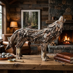 Handcrafted <b>wooden</b> howling wolf sculpture <b>rustic</b> teak driftwood animal statue home living room floor decoration frame space unit - Product Image 3