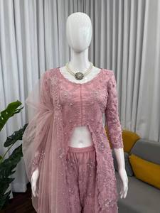 ชุดชาราร่าผ้าจอร์เจตต์สีชมพู ปักลายดอกไม้ แขนยาว ชุดผู้หญิงสำหรับงานแต่งงานและงานปาร์ตี้ - Product Image 3