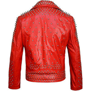 Chaqueta de moto de cuero genuino rojo para hombre, con remaches y tachuelas, estilo biker, con cremallera, corte ajustado - Product Image 2