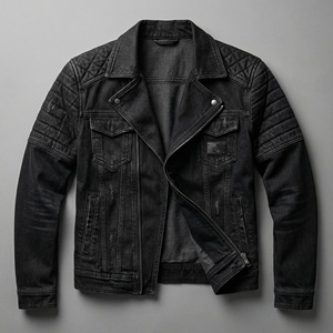 Veste en jean noire de style motard |   Veste en jean matelassée de style moto |   Fabricant de vestes en jean sur mesure avec étiquette privée OEM - Product Image 1