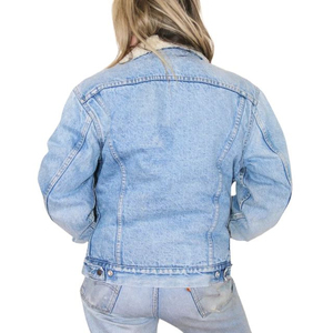 Women's Denim <b>Jacket</b> With Faux Fur Collar Button Closure Casual Autumn Wear Light Blue Washed Fabric Full Sleeve Regular Fit - Product Image 2