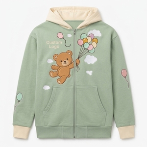 Sweat à capuche unisexe personnalisé avec logo frontal, style vintage, imprimé ours mignon et ballon, 100% coton, coupe ample, en molleton doux, décontracté, service OEM - Product Image 1