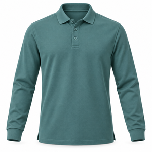 Men's <b>Long</b> <b>Sleeve</b> Polo Shirt <b>Light</b> <b>Blue</b> Solid Color Knitted Collar Casual <b>Top</b> 100% Cotton 220 GSM - Product Image 1