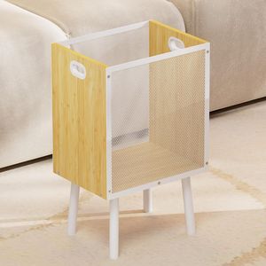 Piccolo Cestino Rettangolare in Legno con Manici in Bambù e Struttura in Ferro, Arredamento di Lusso per Soggiorno con Cestino per Rifiuti in Rete Metallica - Product Image 1